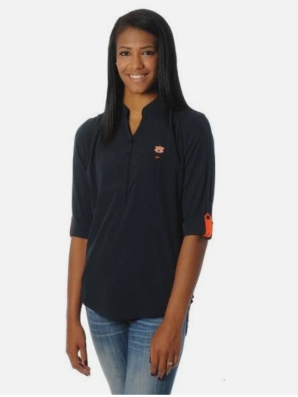 Auburn Tigers Women's Shirt UG Apparel Navy Roll Tab Sleeve V Neck L Logo
